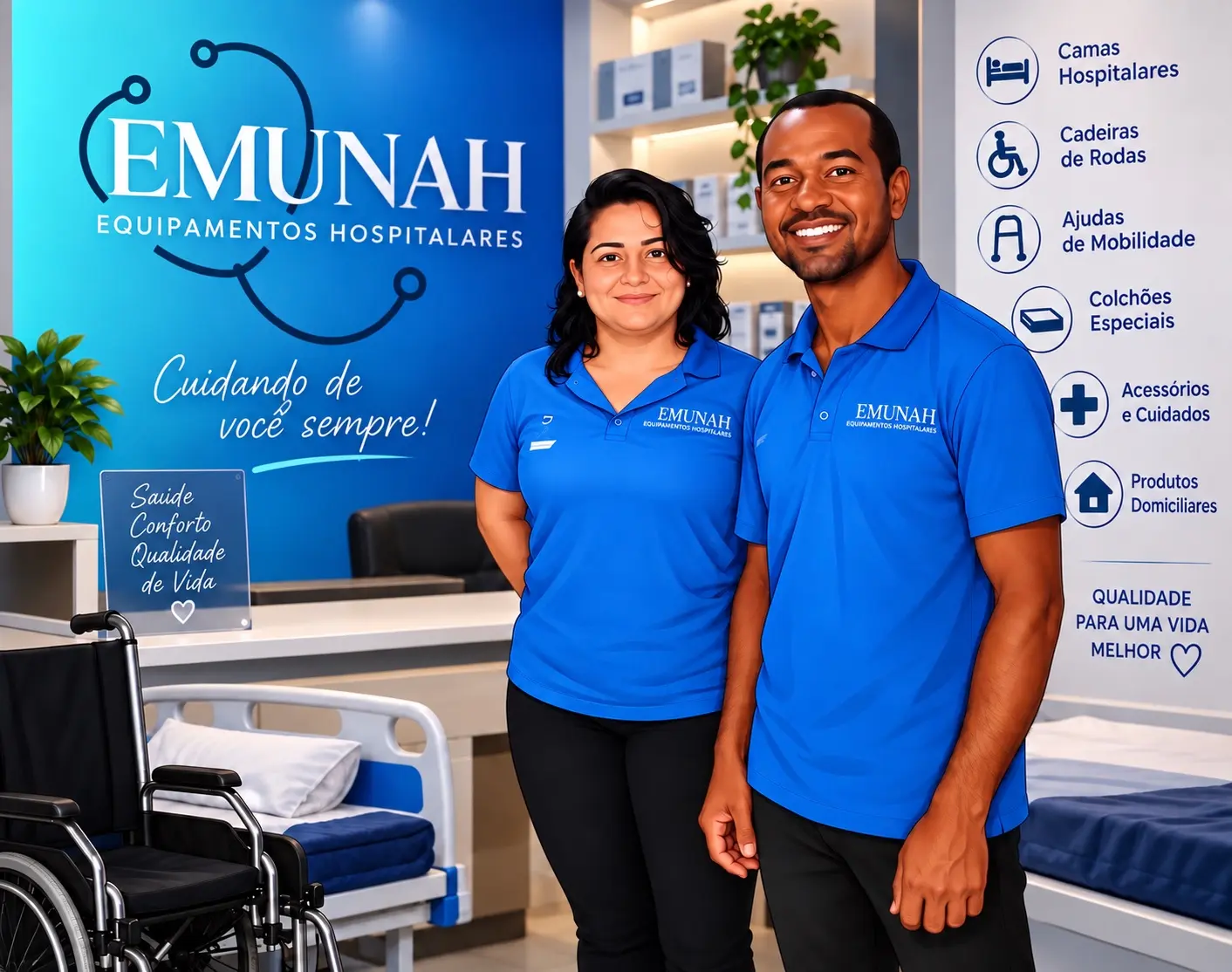 Equipe da Emunah Equipamentos Hospitalares em um ambiente com camas hospitalares e cadeira de rodas